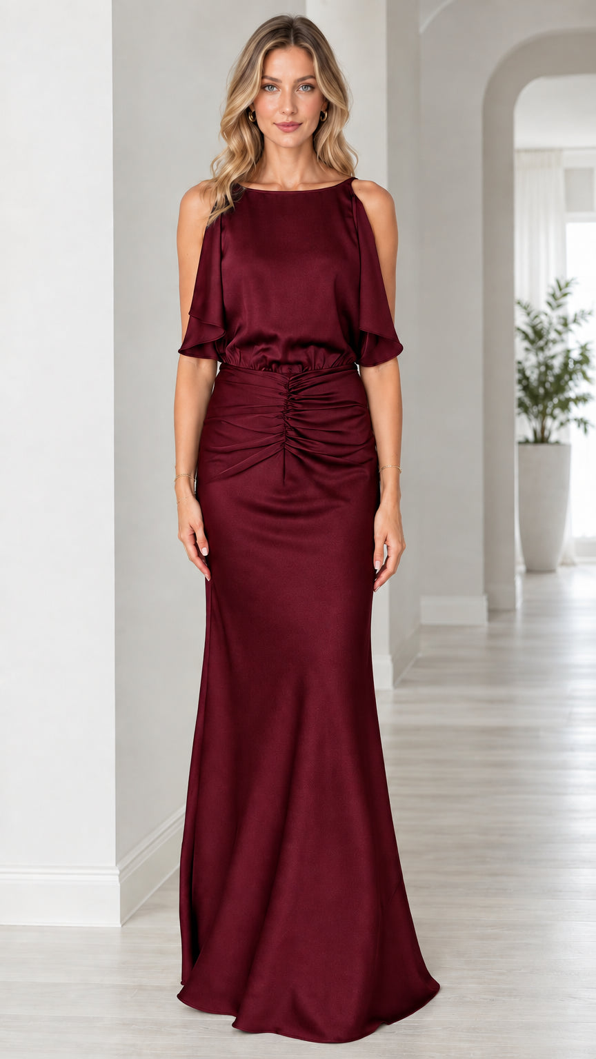 Front view of model wearing burgundy wine satin open back maxi dress