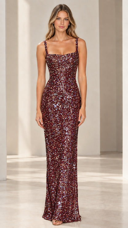 Burgundy wine sequin fitted evening maxi dress