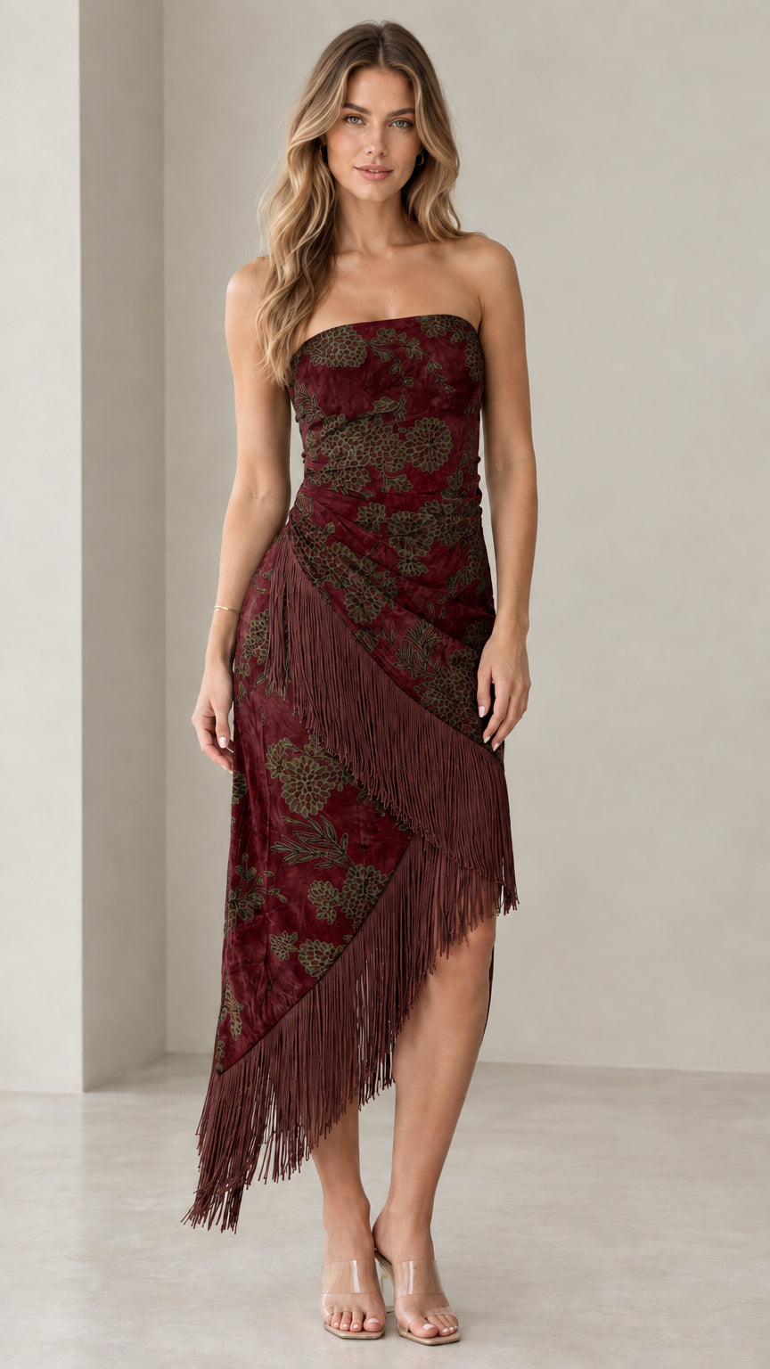 Burgundy strapless floral midi dress with matching fringe hem trim