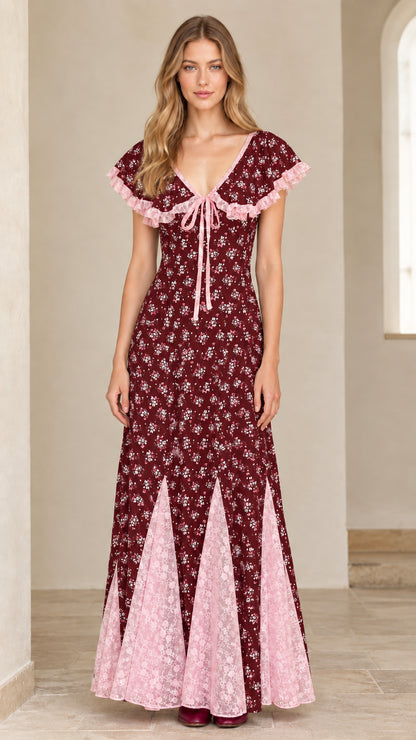 Burgundy floral maxi dress with contrast pink lace ruffles and godet hem