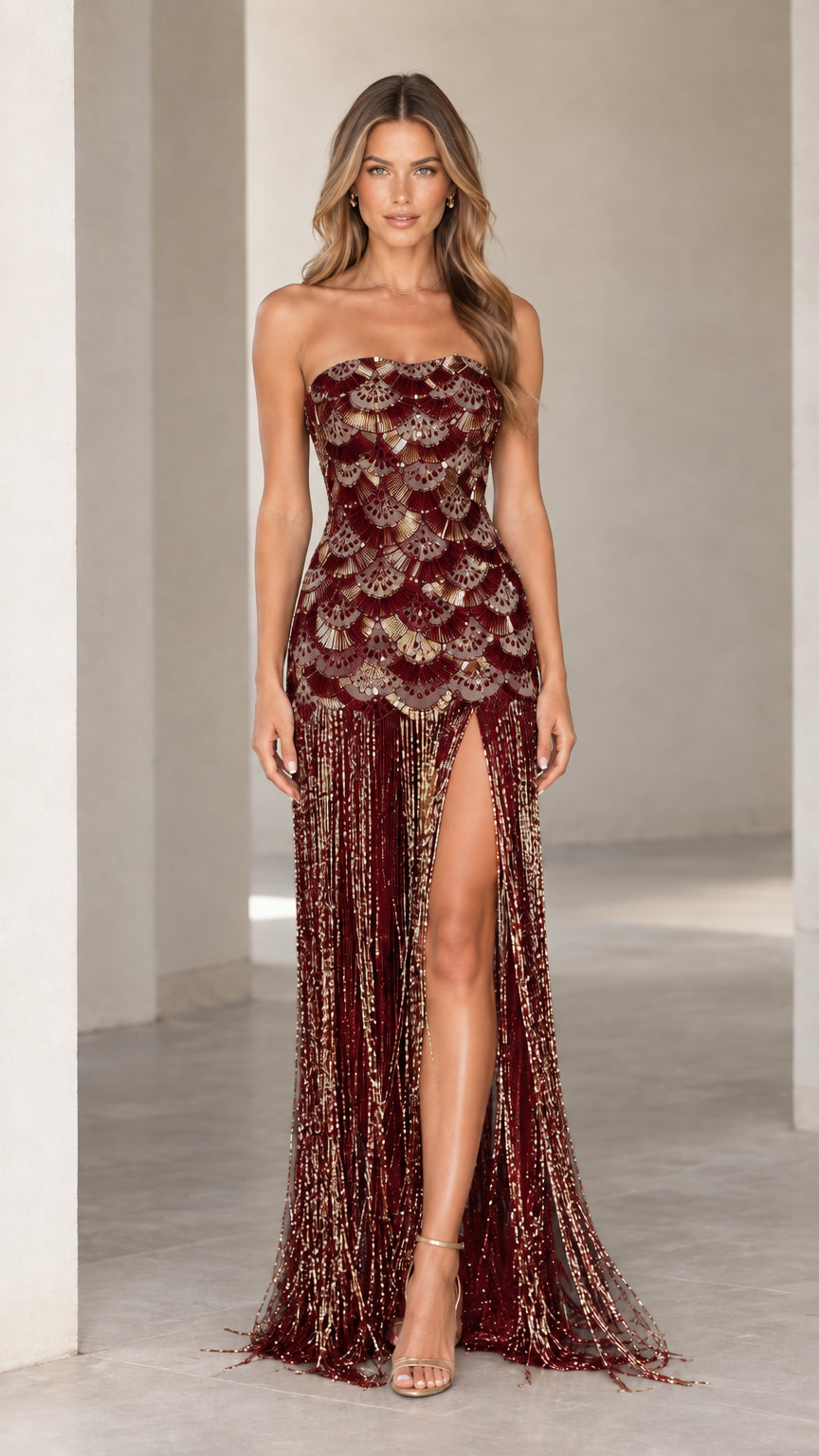 Model wearing Burgundy red strapless sequin fringe maxi dress