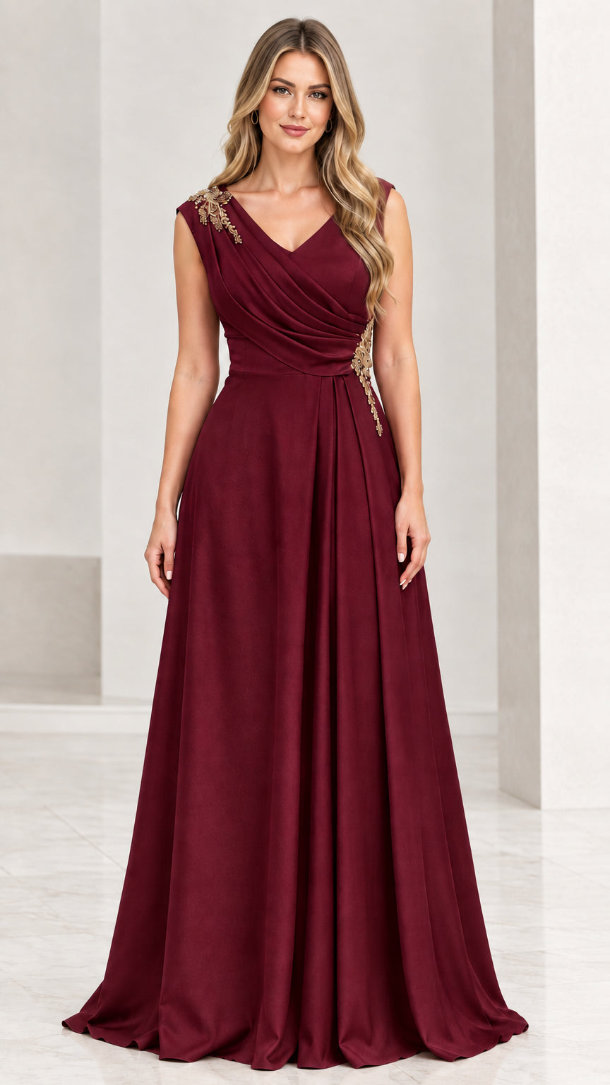 Front view of burgundy red V-neck maxi evening gown with beadwork
