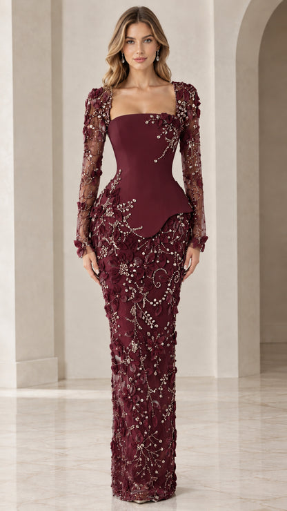 Burgundy wine red formal evening dress with long sheer embellished sleeves and lace skirt