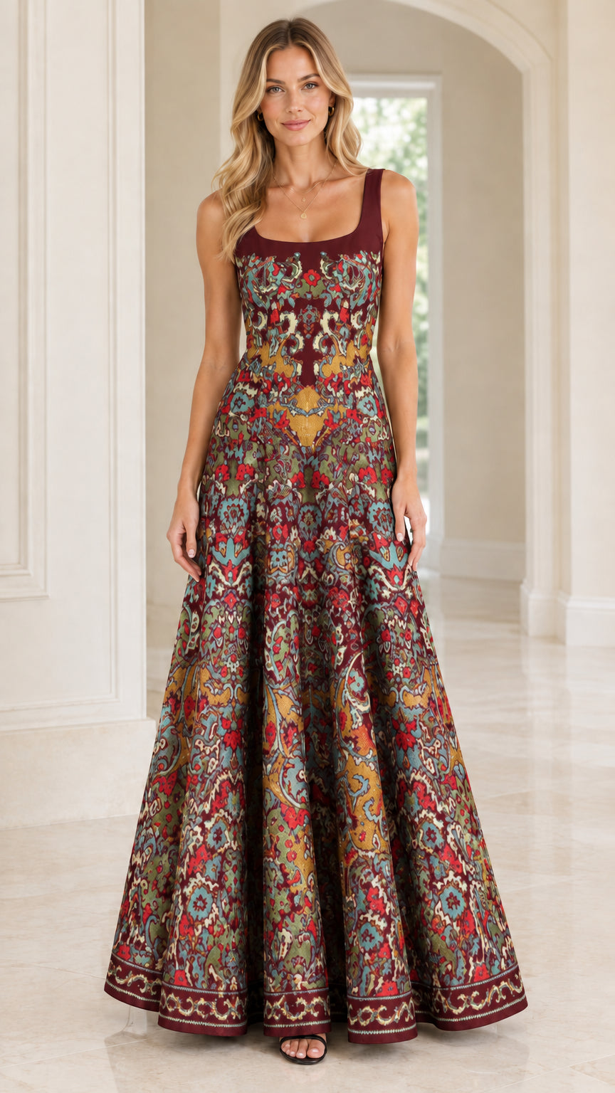 Front view of woman wearing rich burgundy red tapestry print sleeveless maxi dress