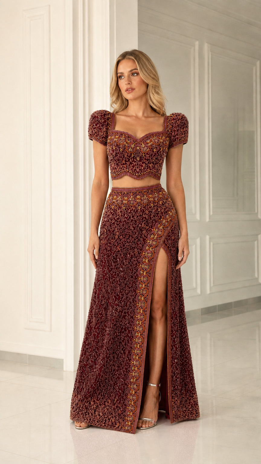 Model wearing deep burgundy beaded two-piece evening dress with high side slit