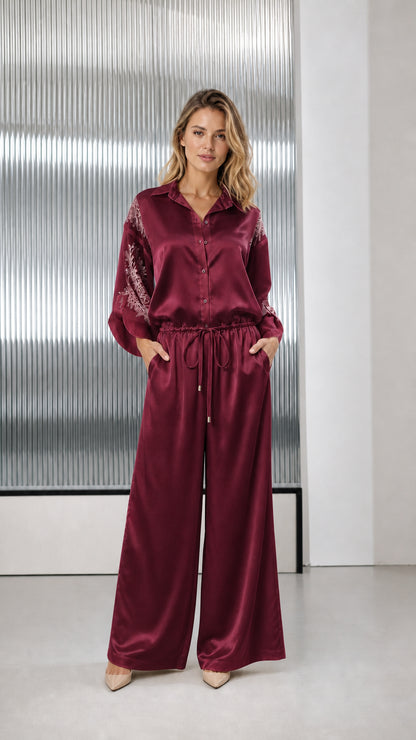 Burgundy wine satin wide-leg jumpsuit with embroidered sheer sleeves