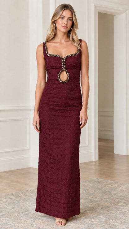 Burgundy wine textured formal maxi dress with beadwork trim