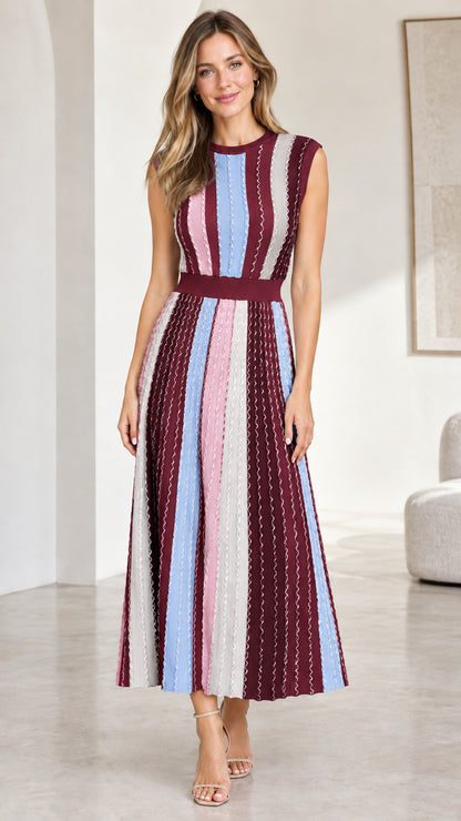 Model wearing burgundy multi striped sleeveless knit midi dress