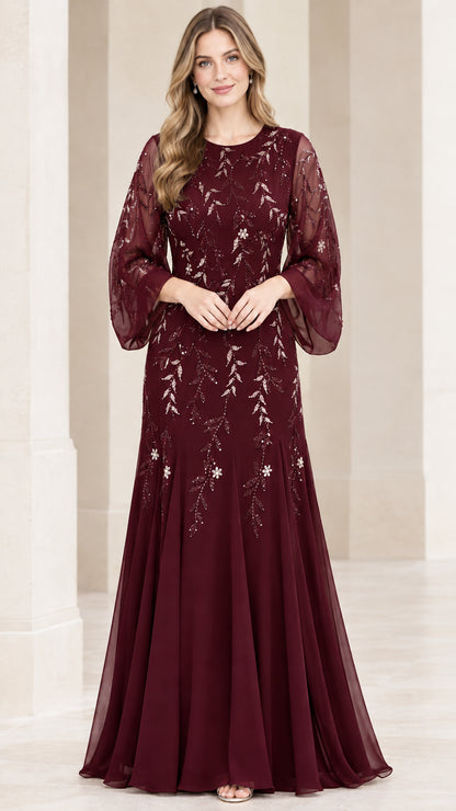 Front view of burgundy wine sequin-embellished chiffon formal gown