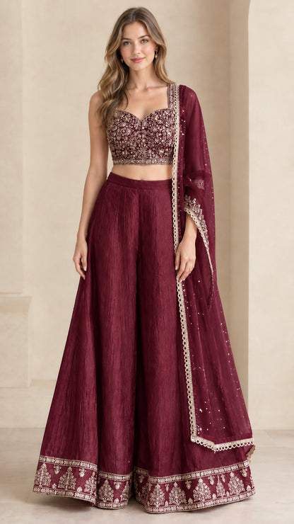 Burgundy wine embroidered crop top and matching wide leg palazzo set