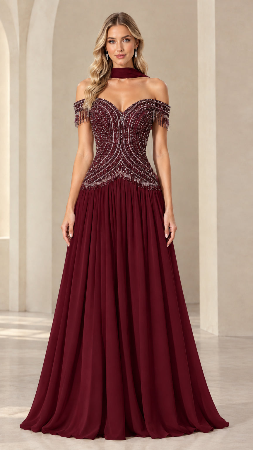 Burgundy wine off-the-shoulder beaded formal gown with flowing skirt