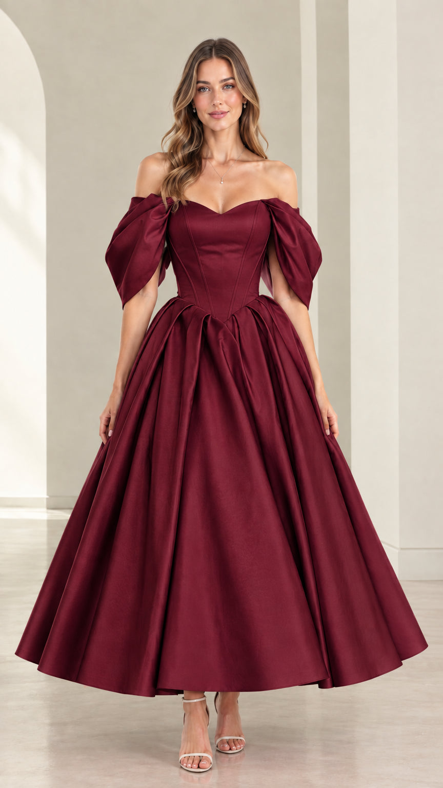 Front view of model wearing Burgundy wine off-the-shoulder corset midi dress