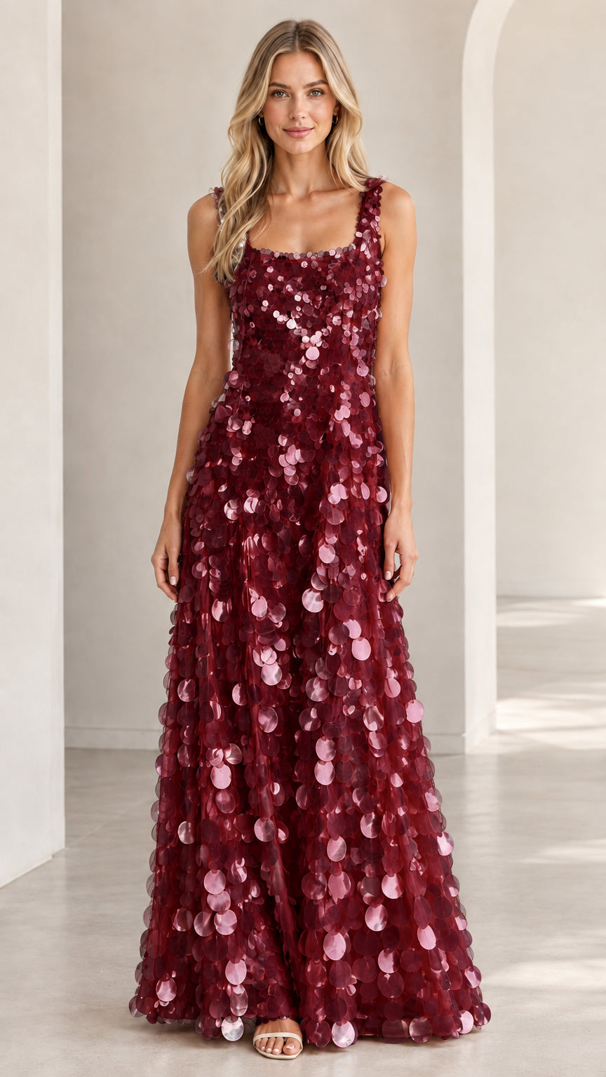 Front view of burgundy red square neck sequin floor-length dress