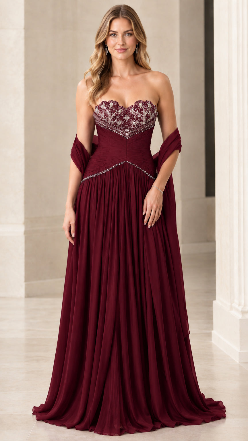 Burgundy wine strapless beaded chiffon floor-length gala gown with wrap