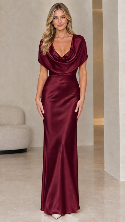 Model wearing burgundy wine red cowl neck satin maxi dress