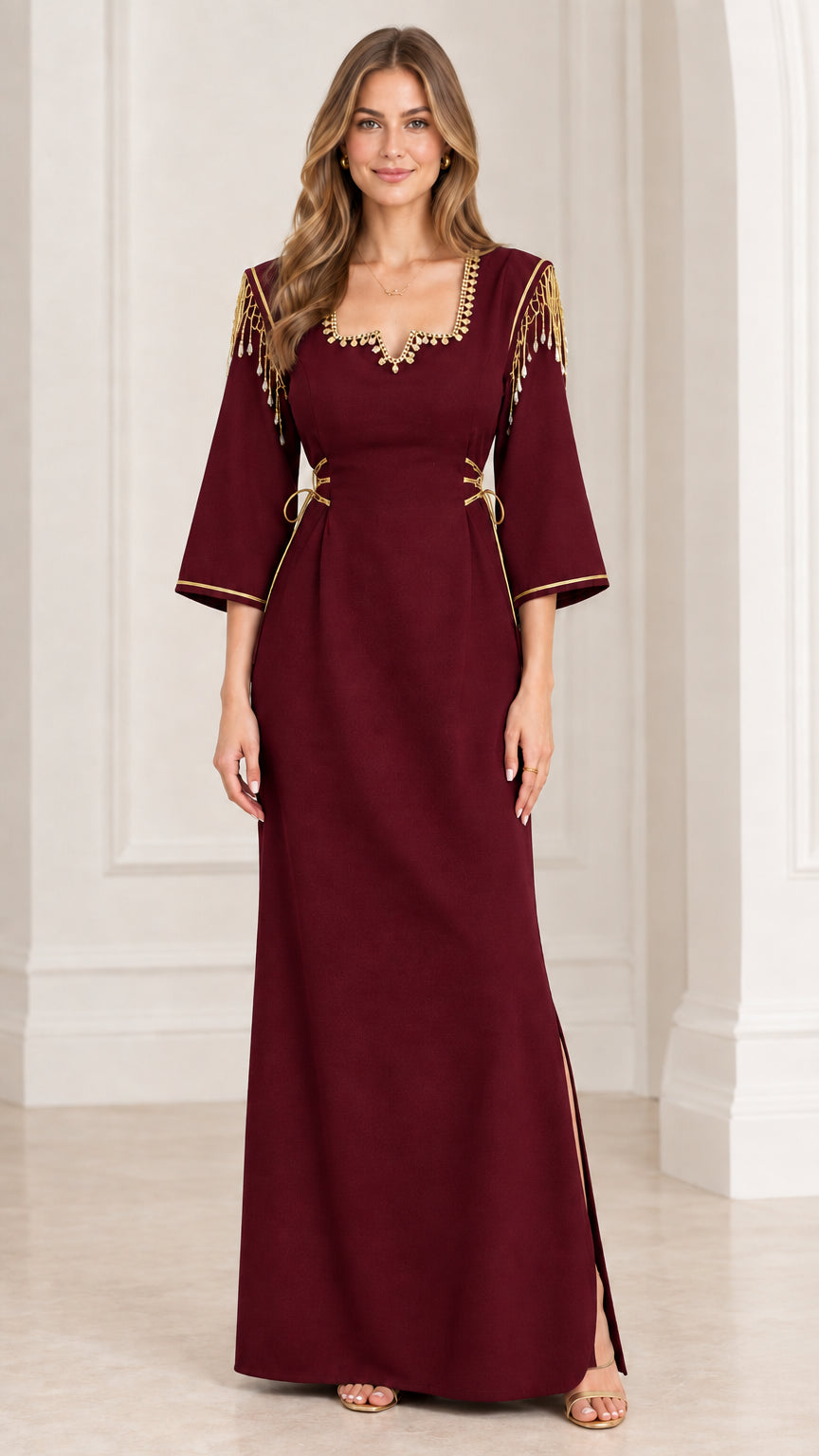 Full-length view of burgundy maxi dress with gold epaulette fringe and neckline trim