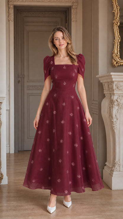 Front view of burgundy wine red embroidered square neck midi dress