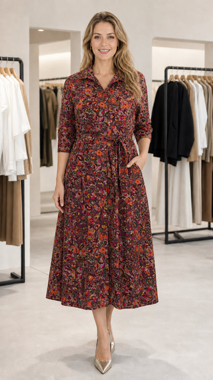 Front view of model wearing Burgundy Floral 3/4 sleeve midi shirt dress