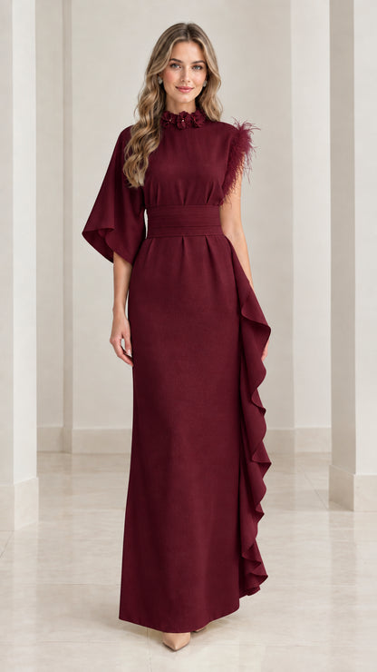 Burgundy wine red asymmetrical formal gown with cascading ruffle detail