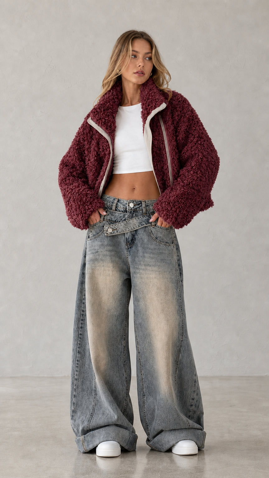 Full body studio shot of woman wearing burgundy wine cropped teddy fleece jacket