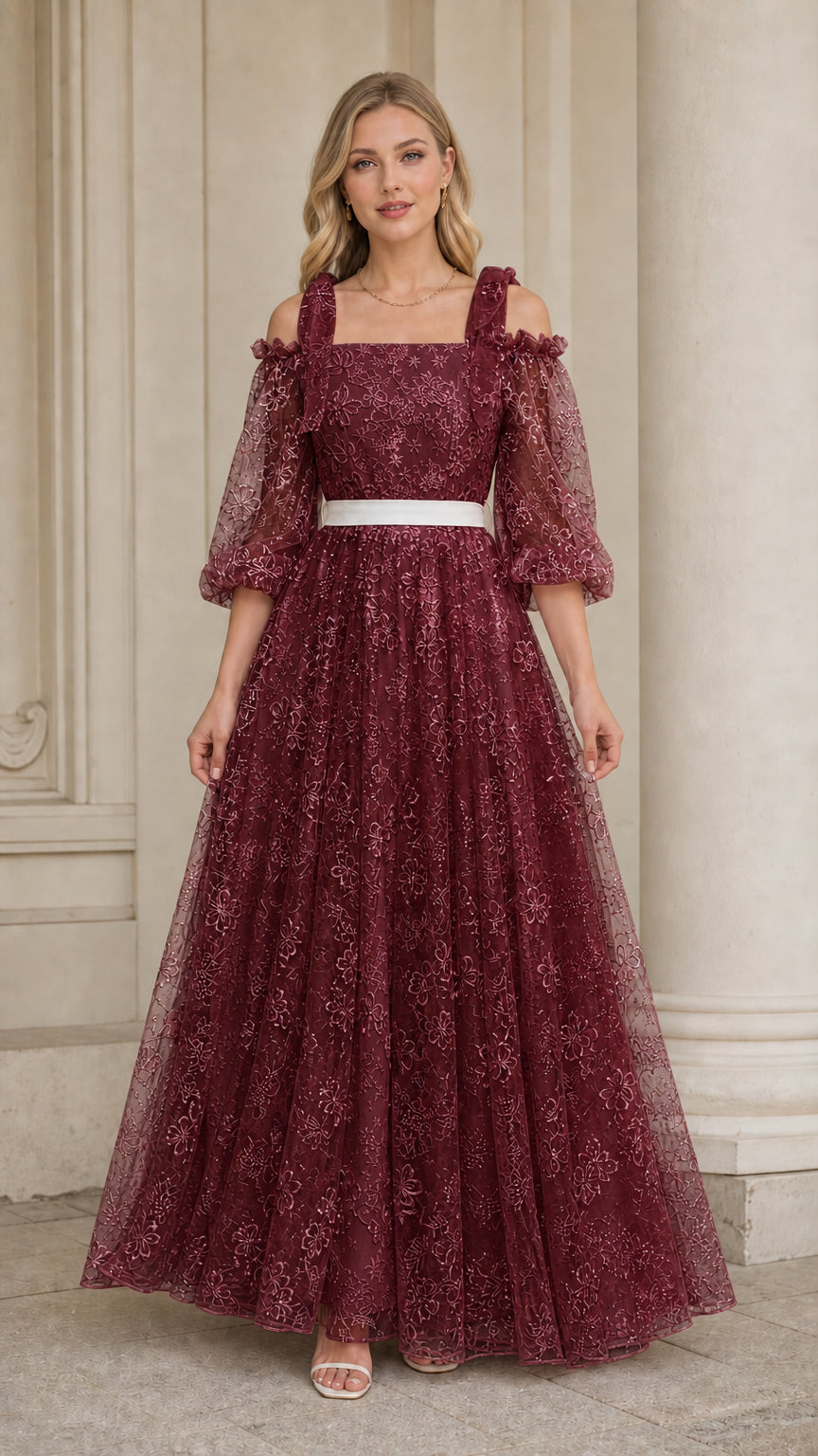 Burgundy wine red cold shoulder embroidered formal maxi dress with puff sleeves