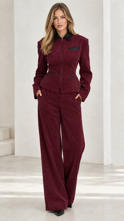 Front full view of burgundy wine corduroy two-piece suit set