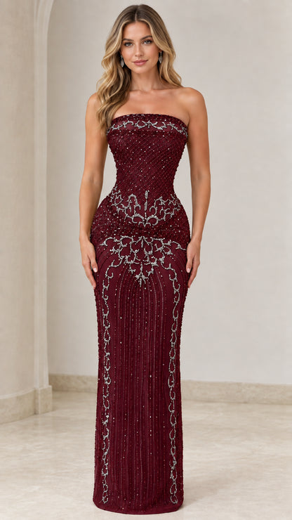Front view of the burgundy strapless beaded evening gown variant