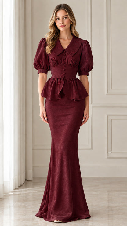 Front view of burgundy wine red peplum maxi evening gown