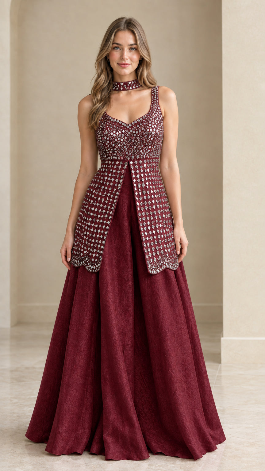 Model wearing Burgundy red embellished sleeveless top with coordinating maxi skirt