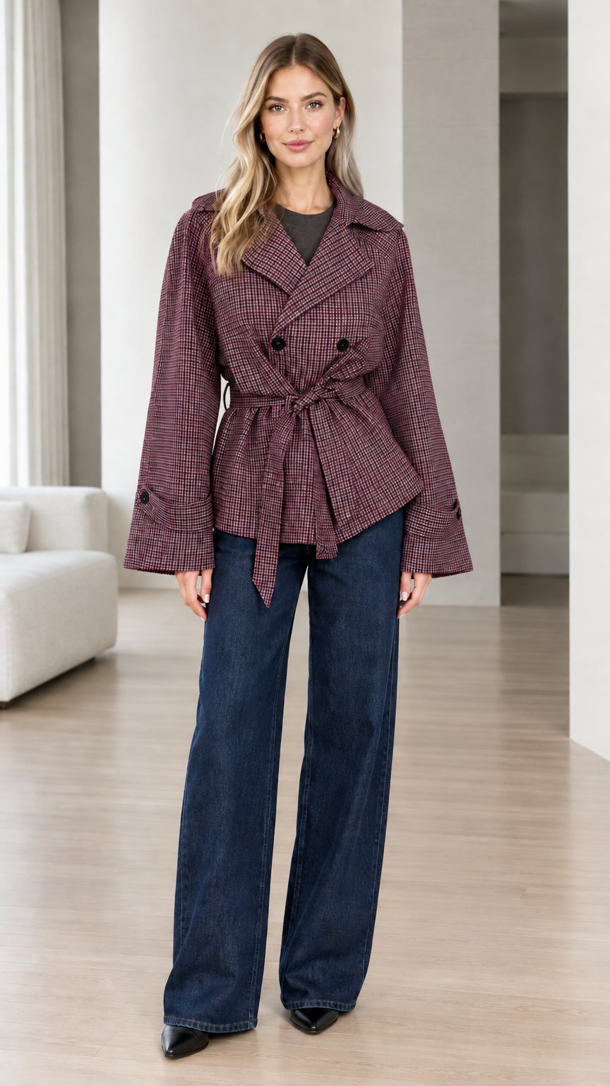 Model wearing deep burgundy plaid belted jacket with jeans