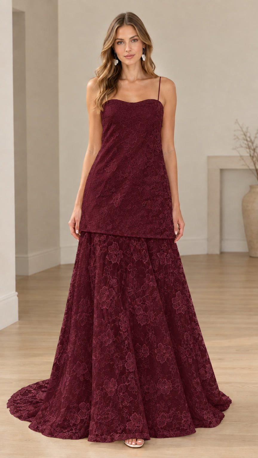 Front view of burgundy floral lace drop-waist evening gown