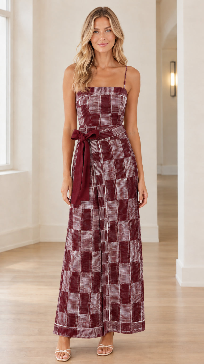 Front view of woman wearing burgundy and white checkered wide-leg jumpsuit with matching belt