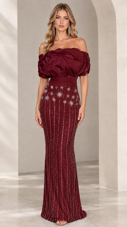 Burgundy off-the-shoulder beaded evening dress