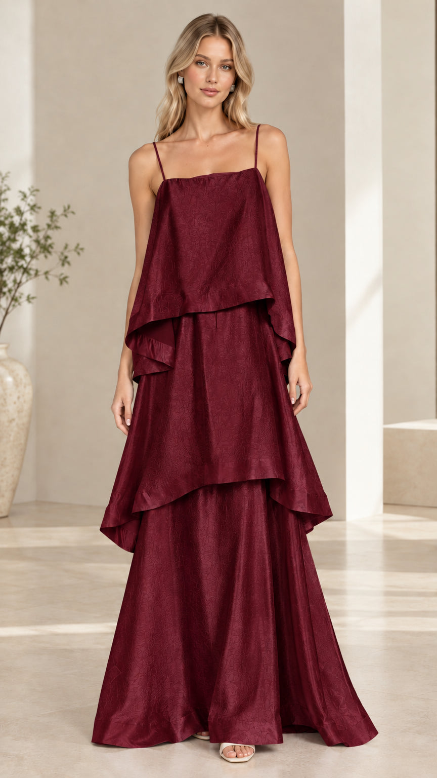 Model wearing burgundy wine tiered cami maxi dress front view