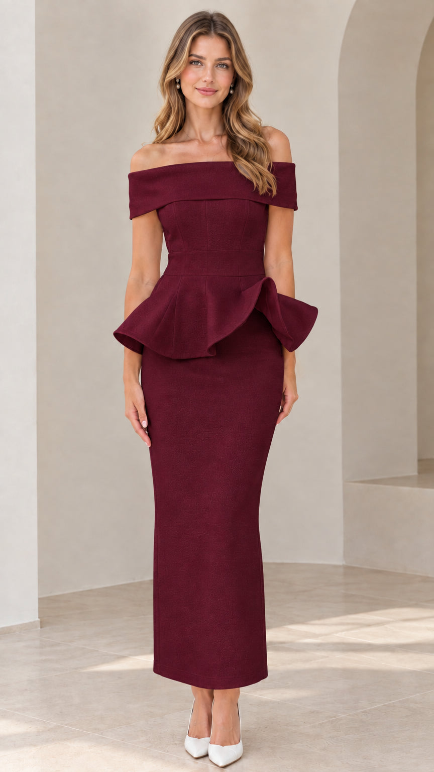 Front view of model wearing burgundy off-the-shoulder peplum maxi dress