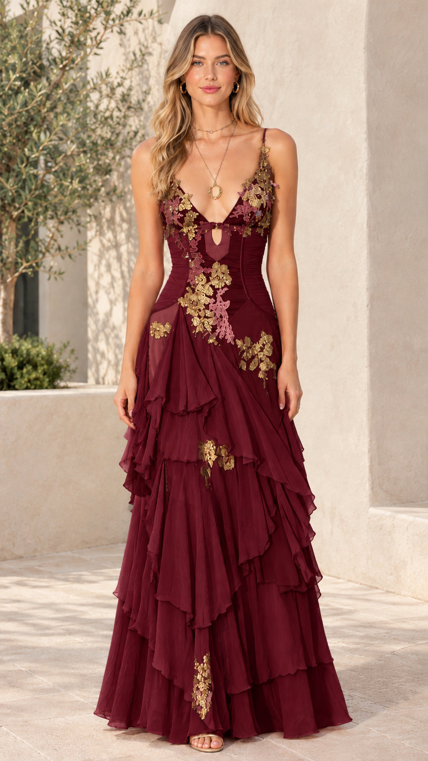 Front view of model wearing Burgundy tiered ruffle embroidered formal maxi dress