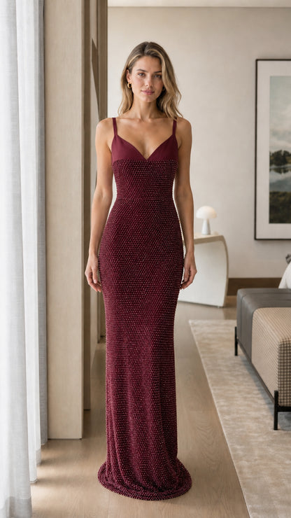 Front view of burgundy wine sweetheart textured maxi evening dress