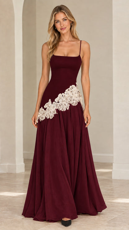 Full-length burgundy wine formal maxi gown with lace trim