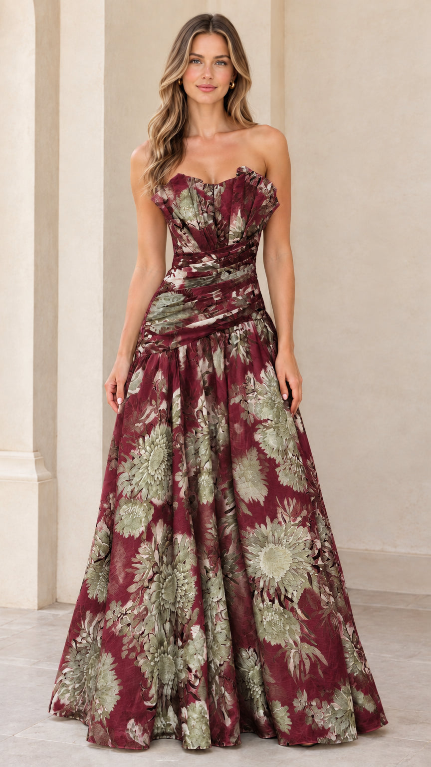 Full-length burgundy wine floral strapless formal evening ballgown