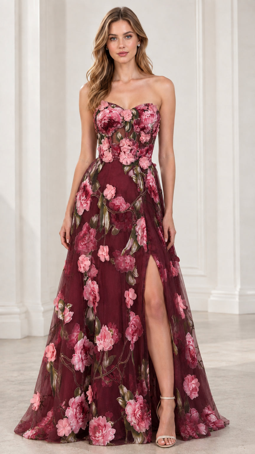 Front view of strapless 3D floral applique evening gown in Burgundy
