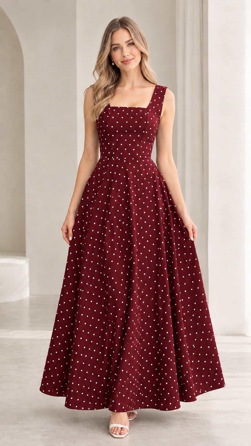 Model wearing burgundy red polka dot square neck sleeveless maxi dress
