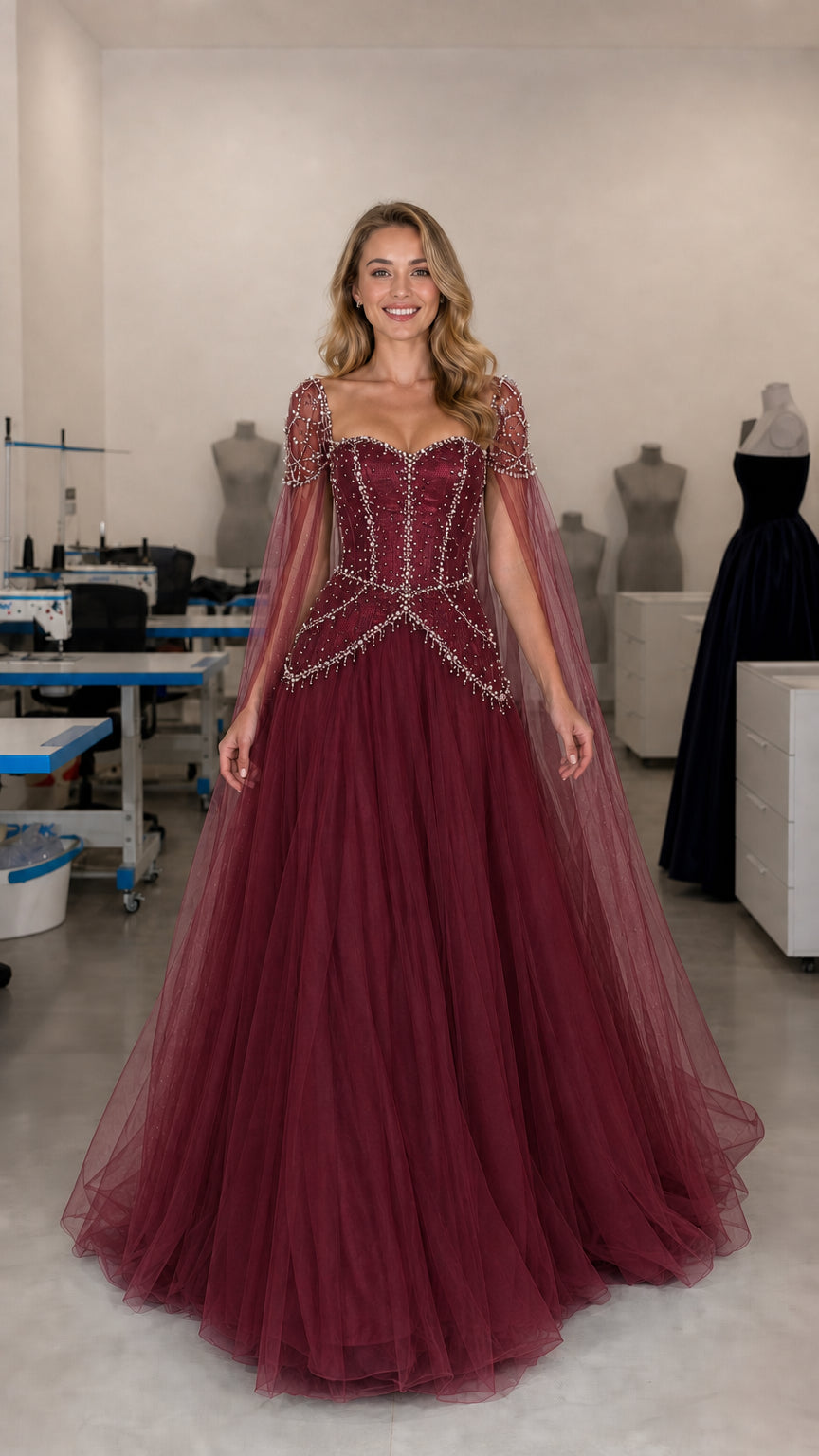 Front view of burgundy red beaded corset ball gown with sheer cape