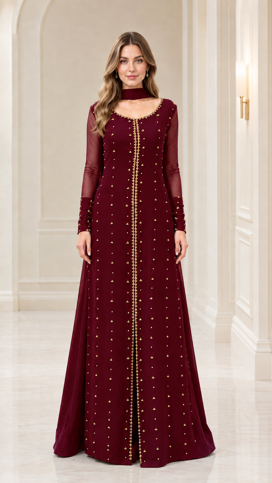 Burgundy wine red embellished long sleeve maxi dress
