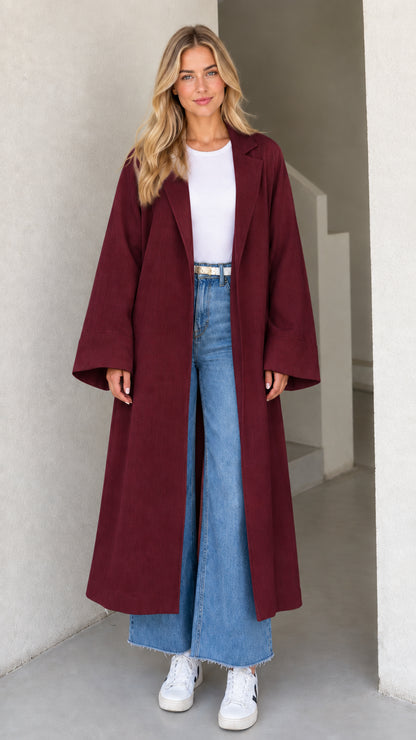 Model wearing Burgundy wine-colored open-front maxi duster coat