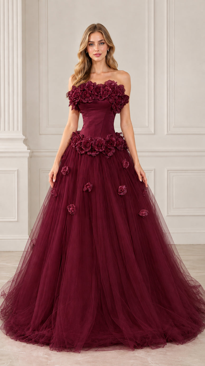 Full front view of burgundy wine red strapless 3D floral rosette tulle formal dress