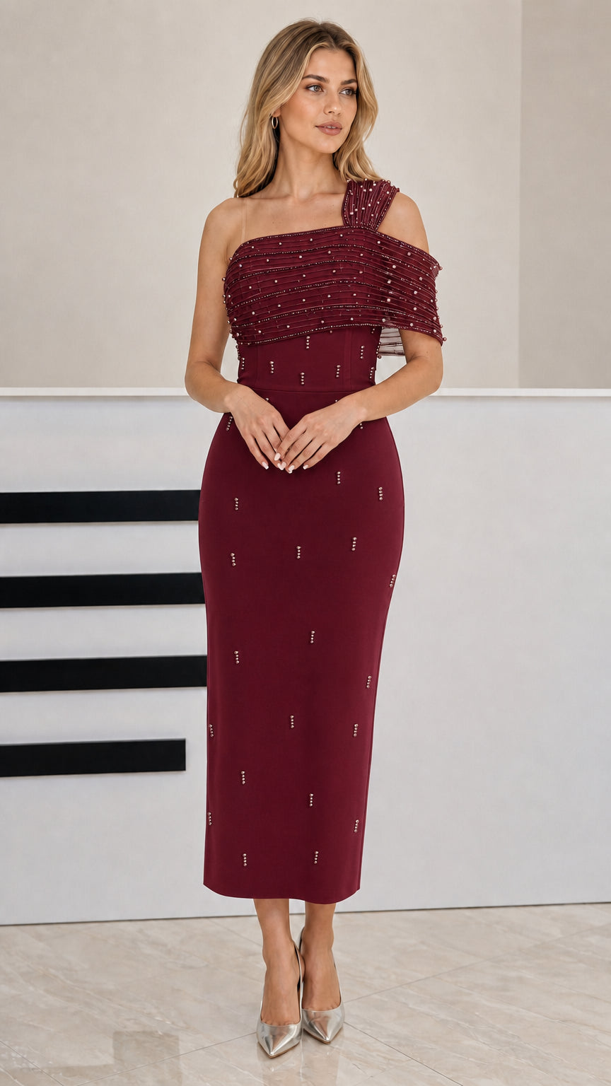 Burgundy wine red one-shoulder embellished formal midi dress