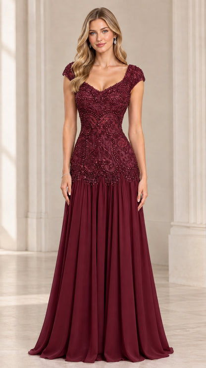 Front view of burgundy beaded lace and chiffon formal maxi gown