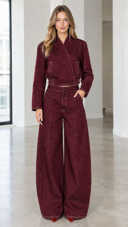 Full front view of burgundy red denim wrap jacket and wide leg pants set
