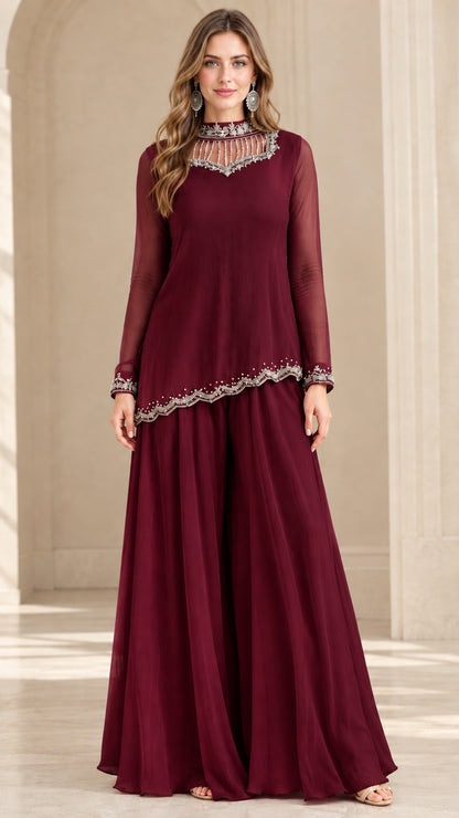 Burgundy wine red formal two-piece beaded evening outfit