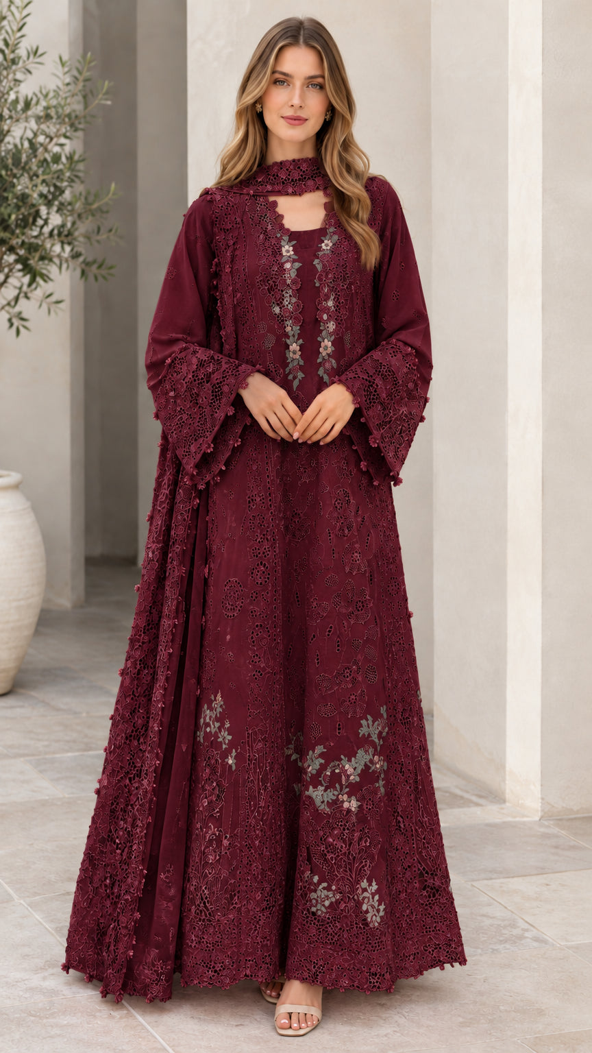Front view of rich burgundy wine floral lace abaya dress with floral embroidery